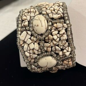 Stone & pebble Bracelet. Stones knitted into the Backing. Stretched Opening.